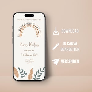 Digital birth announcement personalized template for WhatsApp birth card mobile template Canva birth son daughter rainbow boho design
