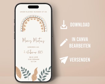 Digital birth announcement personalized template for WhatsApp birth card mobile template Canva birth son daughter rainbow boho design