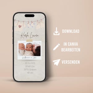 Modèle personnalisable d'annonce de naissance numérique pour modèle de téléphone portable de carte de naissance WhatsApp Canva naissance fils fille avec photo
