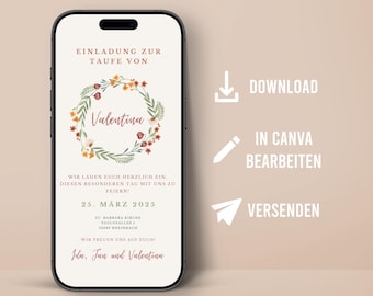 Digital Invitation Baptism personalized with flower wreath Communion Confirmation Shipping Mobile Messenger Template Baptism Invitation