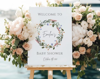 Letrero de bienvenida para baby shower, plantilla de flores silvestres para fiesta de bebé, fiesta sorpresa