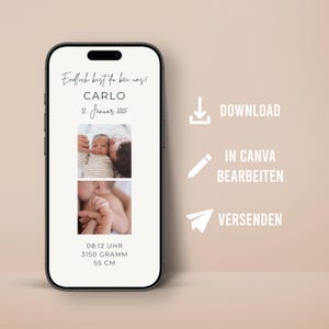 Modèle personnalisable d'annonce de naissance numérique pour modèle de téléphone portable de carte de naissance WhatsApp Canva naissance fils fille avec photo