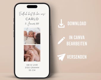 Digital birth announcement customizable template for WhatsApp birth card mobile template Canva birth son daughter with picture