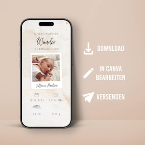 Modèle personnalisable d'annonce de naissance numérique pour modèle de téléphone portable de carte de naissance WhatsApp Canva naissance fils fille avec photo