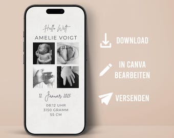 Digital birth announcement customizable template for WhatsApp birth card mobile template Canva birth son daughter with picture