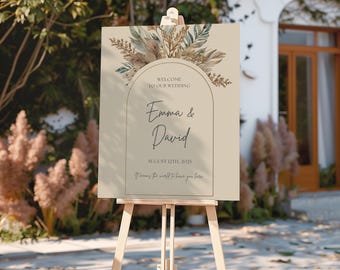 Letrero de bienvenida bohemio para boda, ceremonia de boda gratuita, letrero de boda moderno, plantilla personalizada con flores silvestres de la pampa.