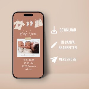 デジタル出産発表のカスタマイズ可能なテンプレート WhatsApp 出産カード モバイル テンプレート Canva 出産 息子 娘 写真付き Boho