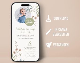 Digital invitation for baptism personalized with photo wildflowers communion confirmation delivery mobile phone