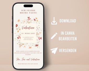 Digital invitation baptism flower design personalized communion confirmation shipping mobile