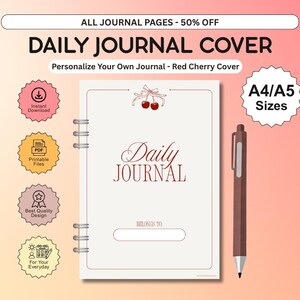 Könnte beinhalten: Ein spiralgebundenes tägliches Journal-Cover mit einer roten Kirschillustration mit Schleife, dem Text "Daily Journal" und "Belongs To:" sowie einem braunen Stift. Das Design enthält kreisförmige Abzeichen für Sofort-Download, PDF-Dateien und A4/A5-Größen.
