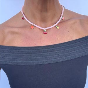 Fruit Beaded Necklace – Fruit Jewelry with Tiny Crystal Cherry, Peach, Lemon, Orange & Grape Pendant |Handmade Gift for Her, Birthday Gift