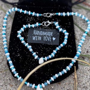 Boho Shell Necklace Bracelet Set: Blue & White Seed Beads, Beachy Jewelry