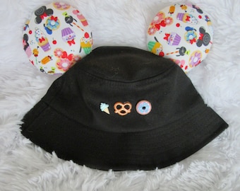 ¡APERITIVOS! ¡Sombrero de pescador negro con orejas de bocadillo en forma de Mickey!