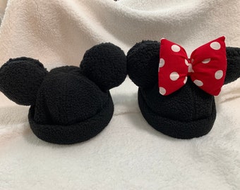 His and Hers! Classic Mickey and Minnie Skull Cap Brimless Hats Docker Hat with Soft Black Mickey Ears.