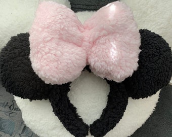 Soft Black and Pink Sherpa Mouse Ears Headband – Handsewn, High-Quality, Comfortable Fit