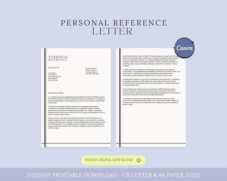 Personal Reference Letter, Professional Letter of Recommendation ...