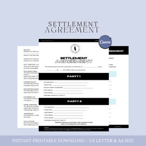 May include: A printable settlement agreement legal document template in black and white text on a white background. The document includes sections for "Settlement Terms", "Confidentiality", "Governing Law", "Entire Agreement", "Amendments", "Legal Counsel", and "Signatures".
