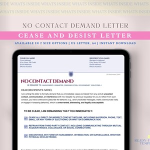 Plantilla de carta de cese y desistimiento, carta de exigencia de no contacto, carta legal editable, plantilla de aviso de acoso, carta de suspensión de contacto, PDF de Canva