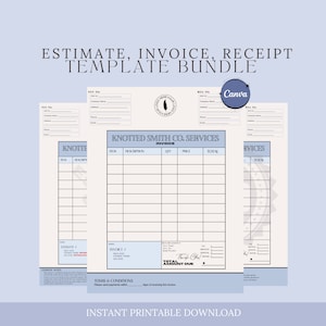 May include: Three printable templates for an estimate, invoice, and receipt. Each template features a blue and white design with a logo of a feather and the text "Knotted Smith Co. Services".
