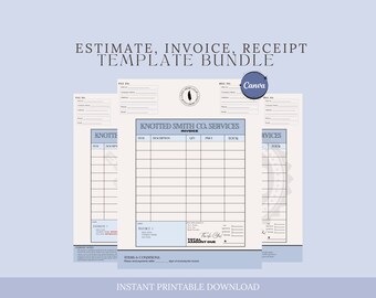 May include: Three printable templates for an estimate, invoice, and receipt. Each template features a blue and white design with a logo of a feather and the text "Knotted Smith Co. Services".