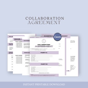 May include: A printable collaboration agreement template with sections for roles and responsibilities, terms and conditions, and party details. The document is designed for two parties and includes space for signatures.