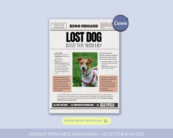 Plantilla de volante de perro perdido, cartel de perro perdido, cartel de mascota perdida editable, señal de búsqueda de perro perdido, alerta de perro perdido, cartel de recompensa de perro perdido, Canva