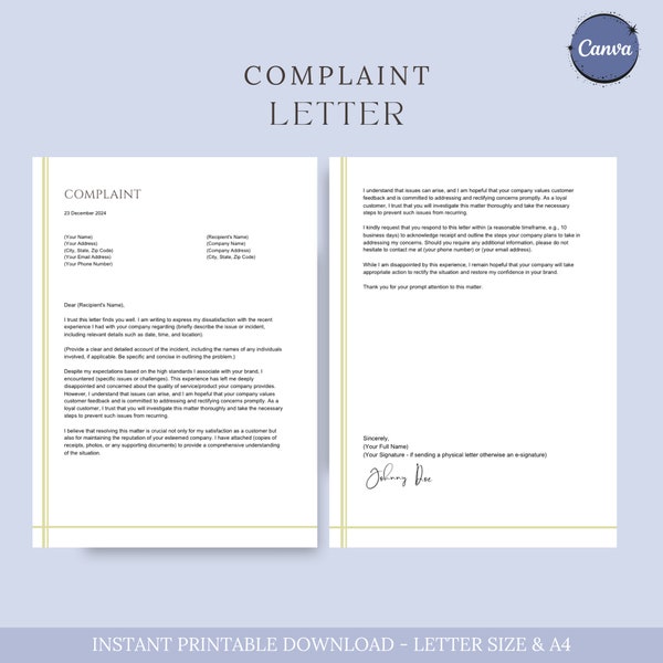 Complaint Letter, Formal Complaint Letter, Letter of Complaint, Feedback letter, Printable Complaint Letter, Editable,Instant Download,Canva