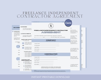 May include: A printable freelance independent contractor agreement template. The document includes sections for company information, contractor information, late payments, supplies and expenses, and contractor responsibilities. The document is designed to be used for a variety of freelance work.