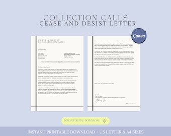 Cease and Desist Letter to Stop Collection Calls Letter Template, Debt Collector Cease and Desist Letter, Debt Collection Demand,Debtor Call