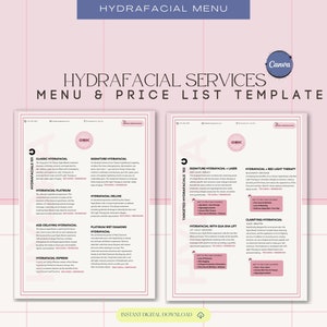 Cardápio de Tratamento Hydrafacial, Modelos de Design de Lista de Preços de Esteticista Personalizados, Cardápio de Serviços de Spa, Estilo de Cardápio Retro, Cardápio de Spa de Beleza Editável, Canva