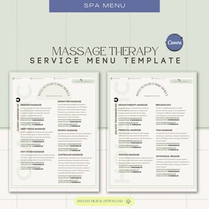 May include: A spa menu template with a green background and a white border. The menu is divided into two sections: Classic Massages and Holistic Techniques. Each section lists different types of massages with descriptions and prices.