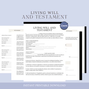 May include: A printable living will and testament document with a Canva logo in the top right corner. The document includes sections for personal information, beneficiaries, and exclusions.