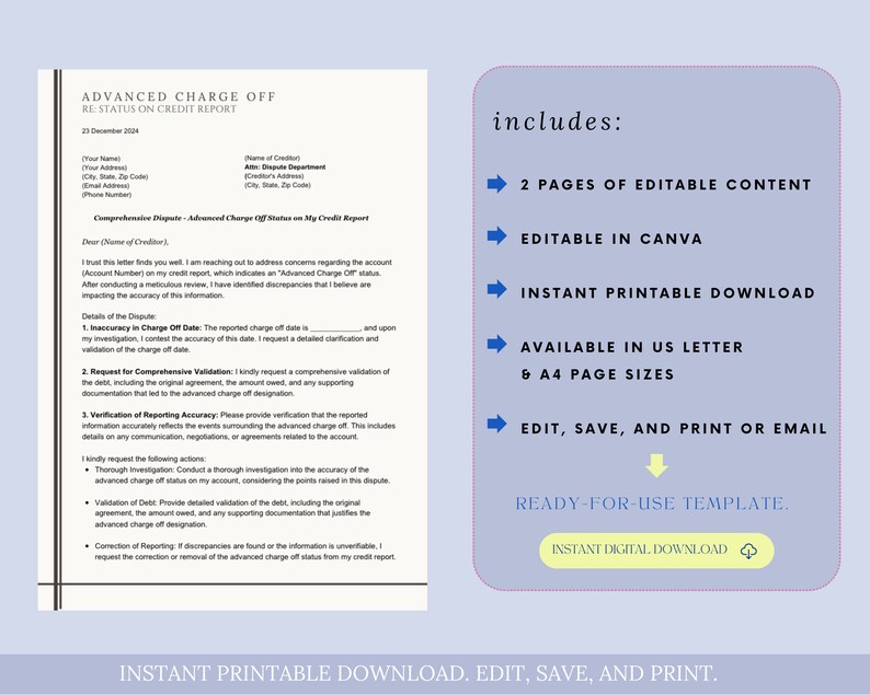 Advanced Charge off Status on Credit Report Letter Template, Fix My ...