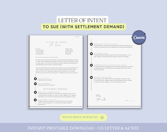 Letter of Intent to Sue with Settlement Demand Template, Legal Notice, Claim Dispute, Dispute Letter,Intent to Sue Letter, Legal Claim,Canva