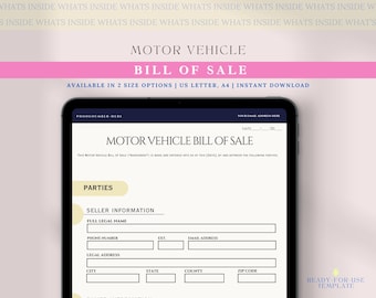 Puede incluir: Una plantilla digital para un Contrato de Venta de Vehículo a Motor. La plantilla está disponible en dos tamaños: US Letter y A4. La plantilla está lista para usar e incluye campos para la información del vendedor, incluido el nombre completo, el número de teléfono, la dirección de correo electrónico y la dirección legal. La plantilla también incluye campos para la información del comprador.