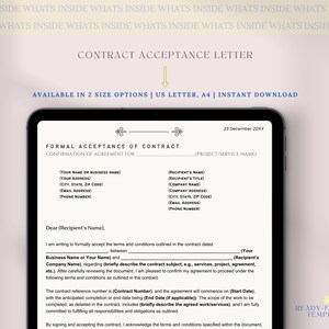 Plantilla de carta de aceptación de contrato, acuerdo contractual editable, aceptación de contrato profesional, plantilla de contrato comercial simple, Canva