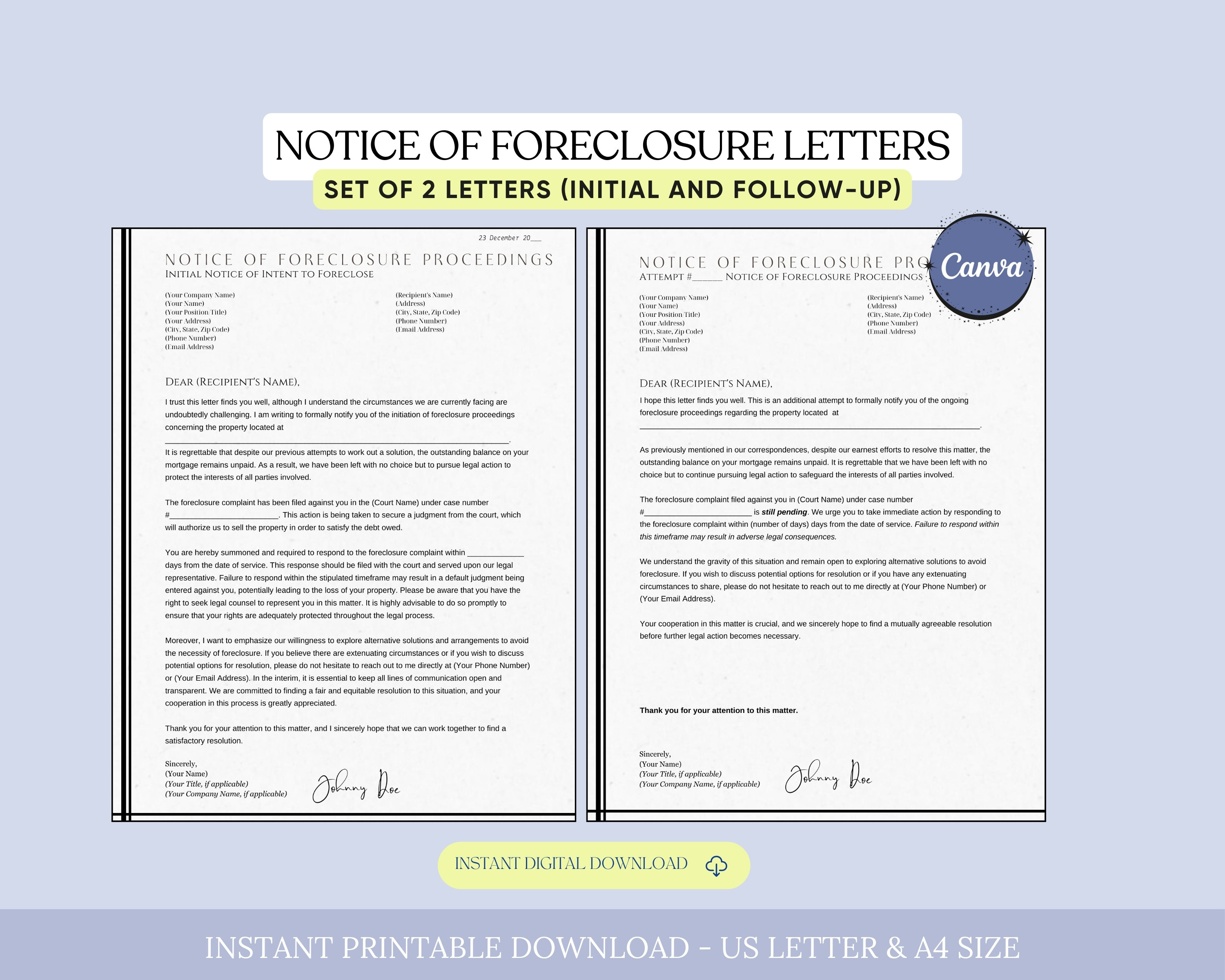 Foreclosure Proceedings Correspondence Kit, Notice of Intent to Foreclose Letter, Mortgage Delinquency Letter, Foreclosure Letter Follow-Up