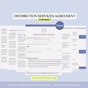 May include: A distribution services agreement contract template with the title "Distribution Services Agreement Contract" in a blue and white color scheme. The document is designed to be used for a business agreement between a supplier and a distributor.