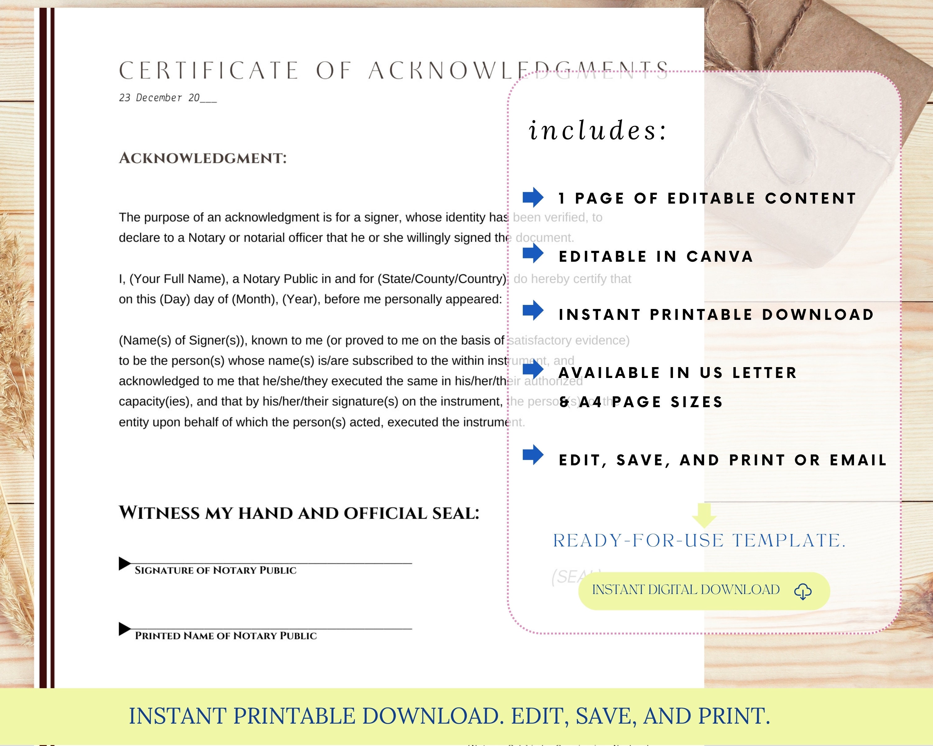 Acknowledgment Required Notary Certificate of Acknowledgments, Notarial Certificate, Notary ...