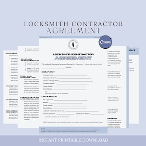 May include: A printable Locksmith Contractor Agreement template with a light blue background. The document includes sections for company information, terms, and conditions. The text "LOCKSMITH CONTRACTOR AGREEMENT" is prominently displayed at the top. The Canva logo is visible.