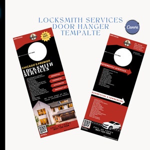 May include: A red and black door hanger template for locksmith services. The template features a QR code, a phone number, and the text "Chicago's Premier Locksmith Services".