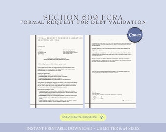 Solicitud formal de validación de deuda, carta de la Sección 609 de la FCRA, carta de disputa de validación de deuda 609, reparación de crédito, agencias de crédito, Sección 609, Canva
