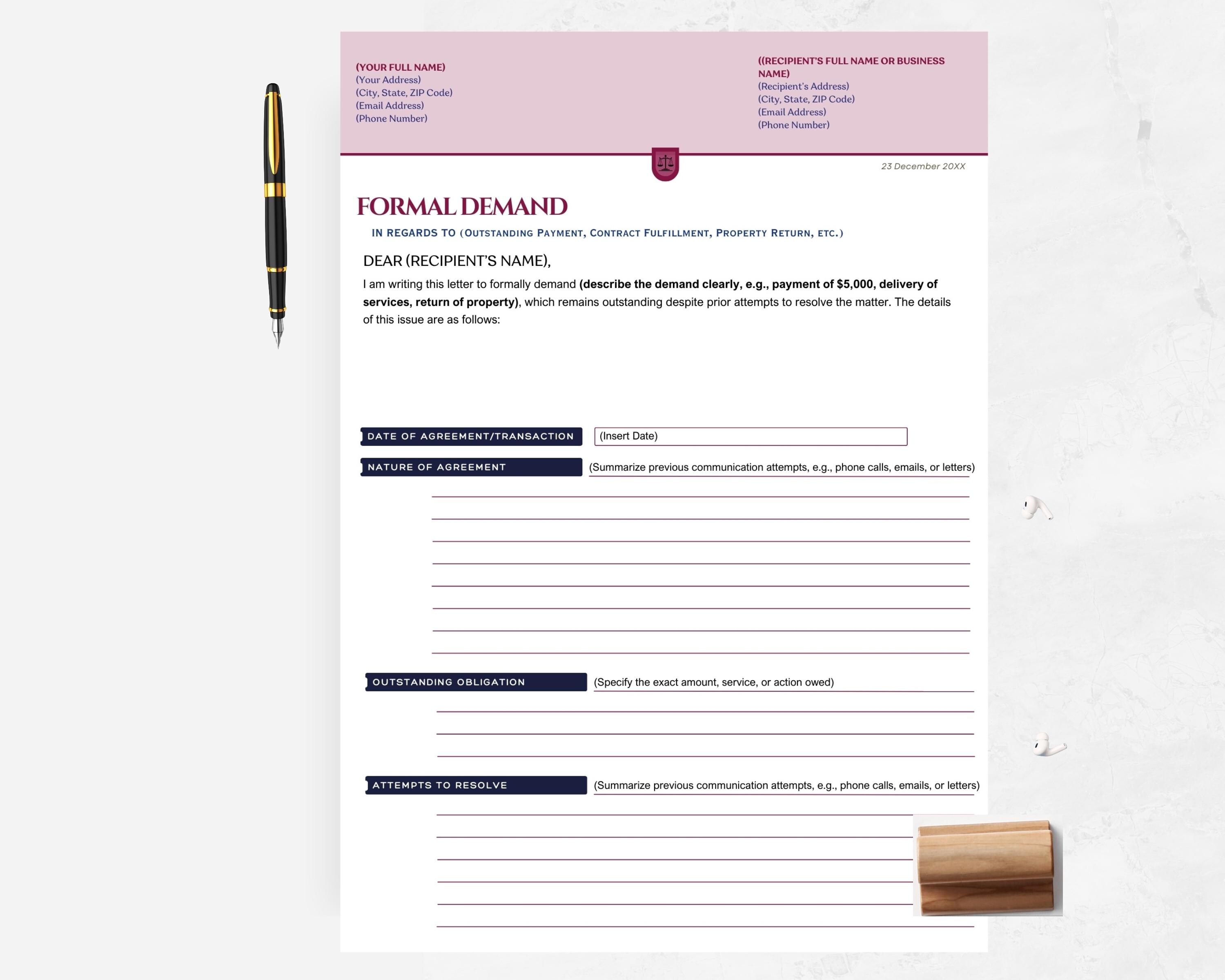 Formal Demand Letter Template for Payment Demands,property Recovery ...