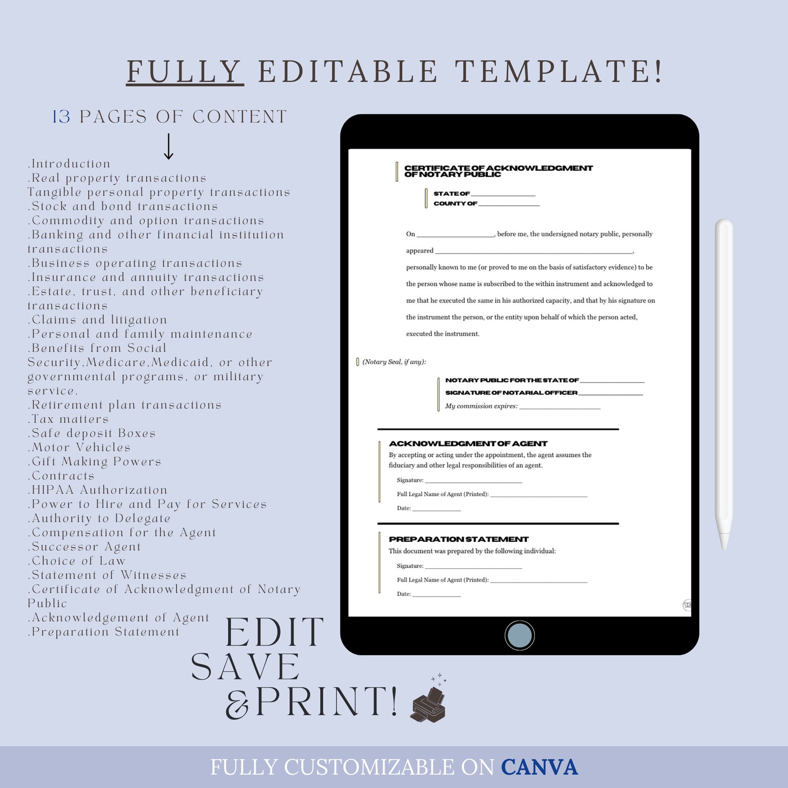 Pow Form General Power of Attorney Template, General POW, Unlimited POA, Full ...