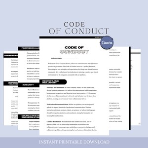 Peut inclure: Plusieurs documents blancs avec le texte "CODE OF CONDUCT" en noir. Les documents incluent également "INSTANT PRINTABLE DOWNLOAD" et le logo Canva.