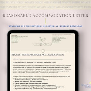 Reasonable Accommodation Letter for Therapy Office and Counselors, Reasonable Accommodation Letter, ADA Accommodation Approval Sample Letter