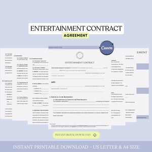 May include: Printable entertainment contract agreement template in US Letter and A4 sizes. The contract includes sections for terms, expenses, compensation, cancellation, services to be rendered, description of services or performance, and additional fees or expenses.
