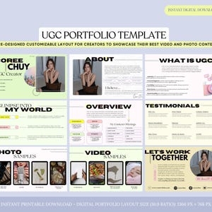 Può includere: Un modello di portfolio UGC digitale con un layout personalizzabile. Il design presenta sezioni per "Informazioni", "Panoramica", "Esempi di foto" ed "Esempi di video". Il modello include il testo "UGC PORTFOLIO TEMPLATE" e "INSTANT DIGITAL DOWNLOAD".