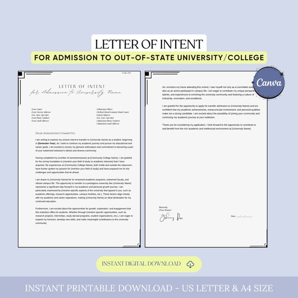 Letter of Intent for Admission to University/College Out of State Template, College Admission Letter, University Entrance Letter, Canva