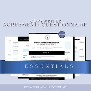 May include: A black and white printable document with the text "COPYWRITER AGREEMENT + QUESTIONNAIRE" and "COPYWRITING SERVICES AGREEMENT" with a blue ribbon banner that says "ESSENTIALS" and the text "INSTANT PRINTABLE DOWNLOAD".